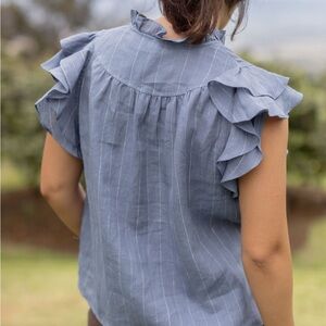 Ashley Linen Top - Ruffled Blue Pinstripe Women's Top